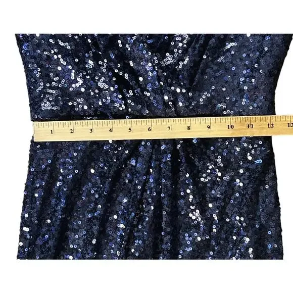 Badgley Mischka Split Leg Long-Sleeve Blue Sequined Dress 0 - Picture 5 of 7